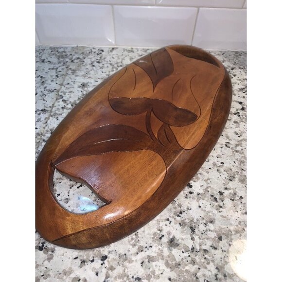 Vintage Haitian Haiti Fish Hand Carved Brown Wood Art Oval Tray Decor - Picture 6 of 7